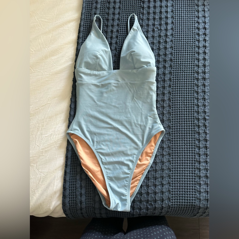 J. Crew Plunge One Piece Swimsuit in Pale Sky Blue, Size 2